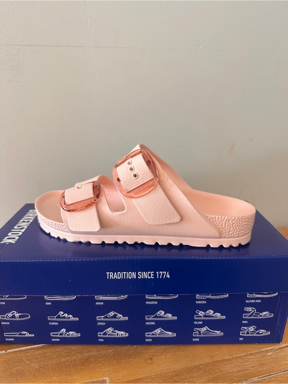 Birkenstock Arizona EVA Slide Sandal in Light Pink with Rose-Gold Buckles